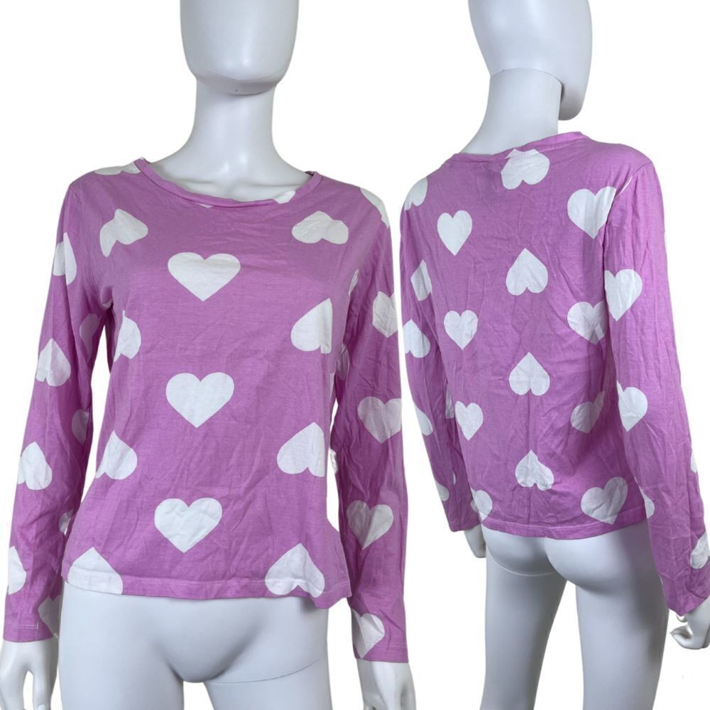 ASOS Women's Size S Loungwear Heart Pink Pajama Long Sleeve Pullover Cotton Top